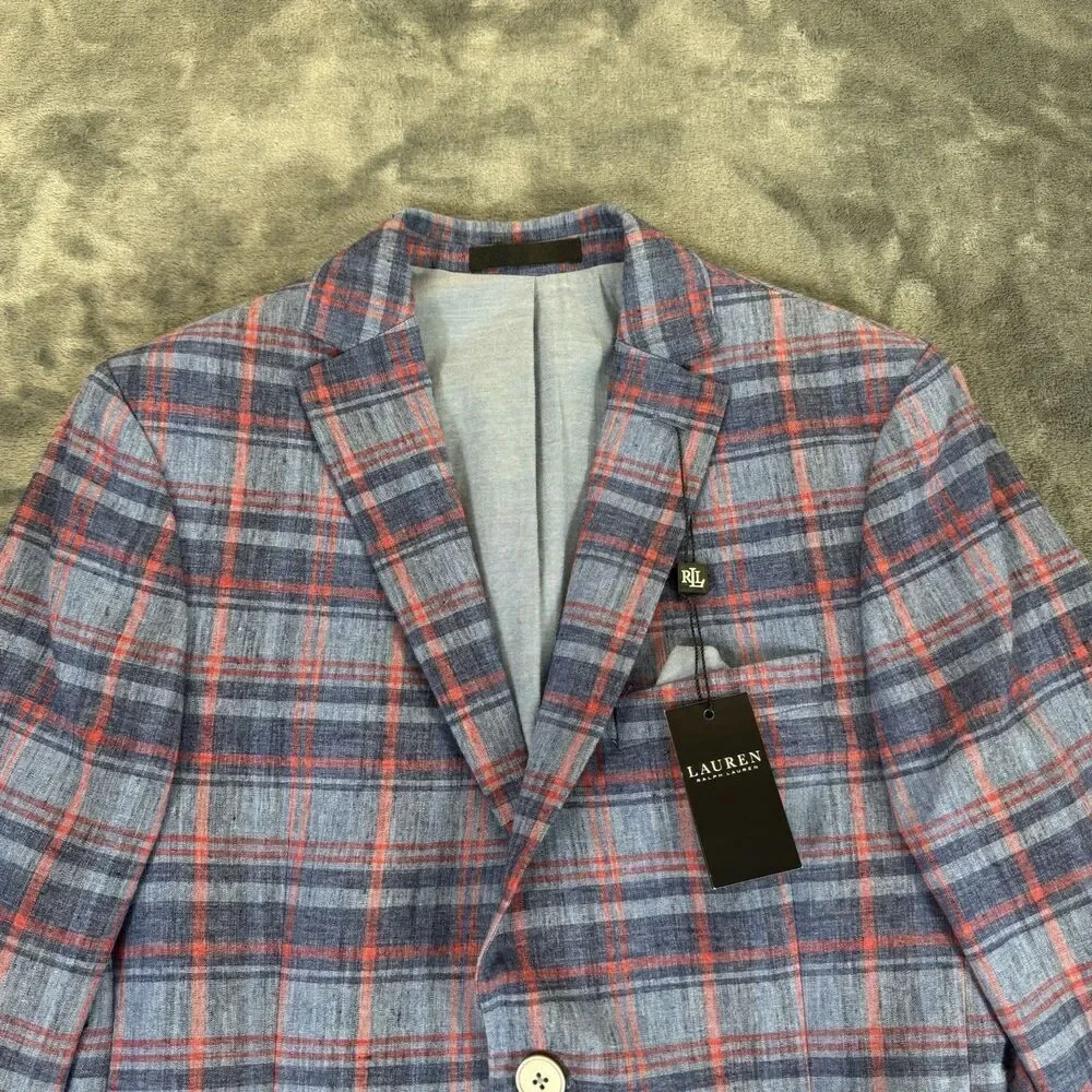 LAUREN RALPH LAUREN Boy 14R Bloxbury Blue Red Plaid Sport Coat Blazer Linen Blen